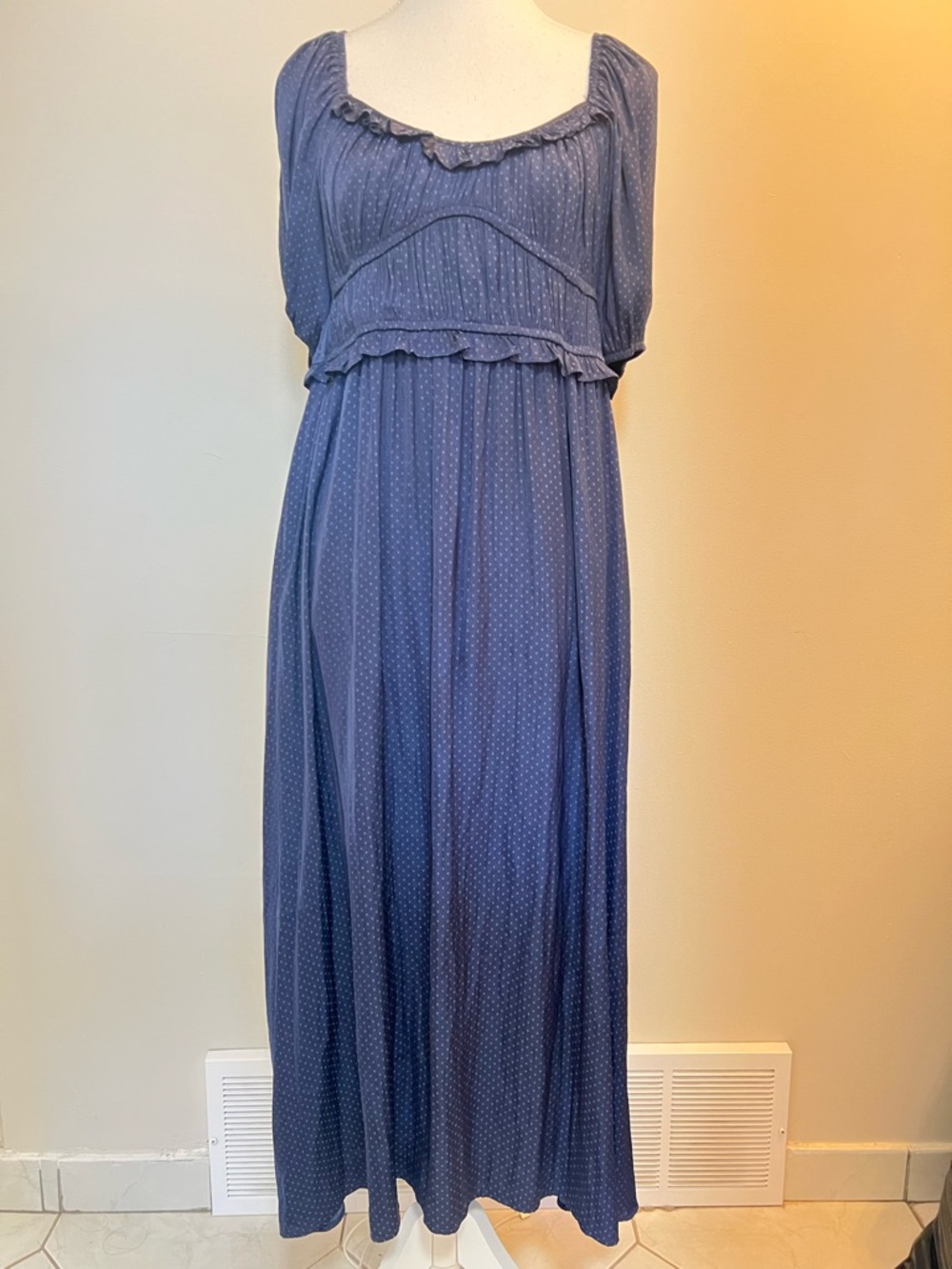 DRA Blue Polka Dot Maxi Dress with Ruffle Trim Size Large